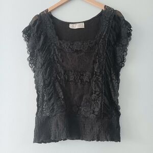 Free People Romantic Smocked Lace Floral Short Sleeve Top Black XS